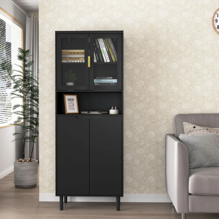 Glass Cabinet Display - Tall Storage Bookcase with 2 Glass